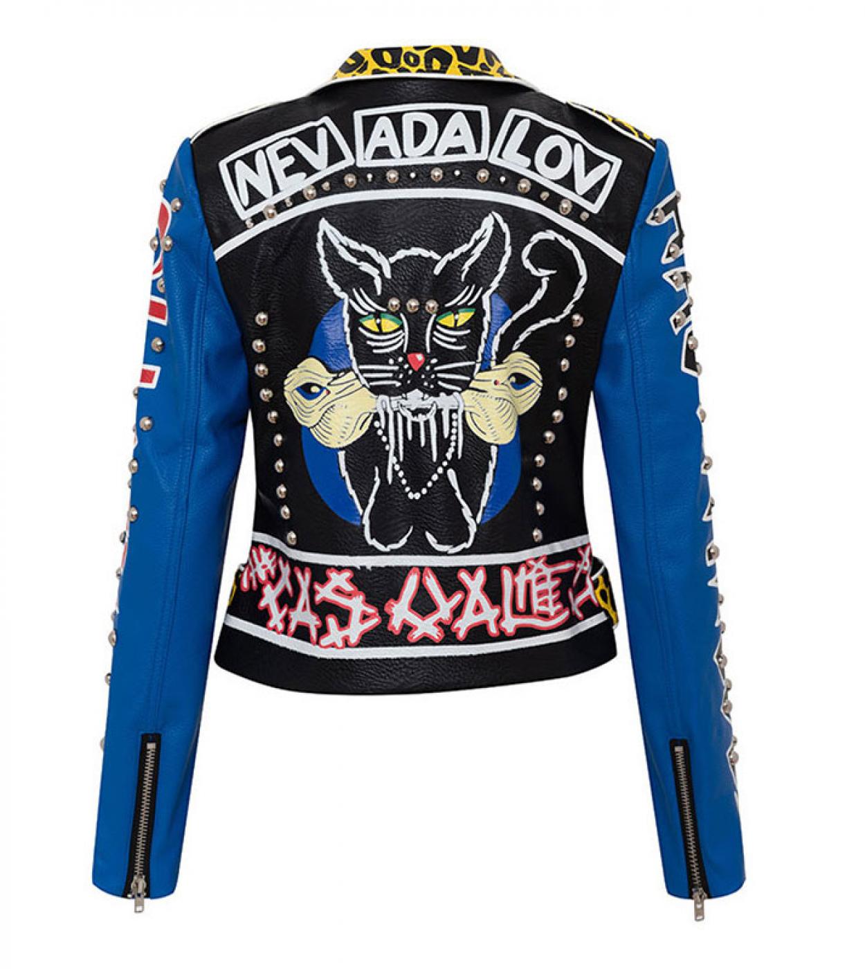 Spring Faux Leather High Waist Jacket Women Graffiti Leopard Pattern Rivet Motorcycle Clothing  Jackets