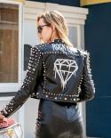 Women Punk Faux Leather Pu Black Jacket Studded Rivet Fashion Streetwear Diamond Pattern Motorcycle Coat  Jackets