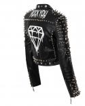 Women Punk Faux Leather Pu Black Jacket Studded Rivet Fashion Streetwear Diamond Pattern Motorcycle Coat  Jackets