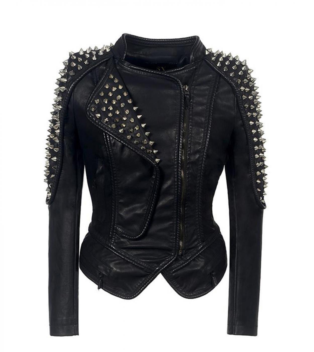 Womens Fashion Studded Perfectly Shaping Faux Leather Biker Jacket,plus Size 6xl Black Punk Rivet Shoulder Jackets For 