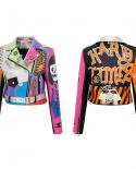 Spring Punk Rock Pu Leather Jacket Women Graffiti Studded Rivet Fashion Streetwear Short Motorcycle Jackets And Coat  Ja