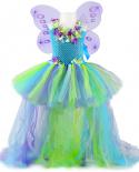 Vestidos de hadas de niña de las flores para niños Traje de fiesta de bodas Vestido de tutú alto y bajo con alas Trail Princess 