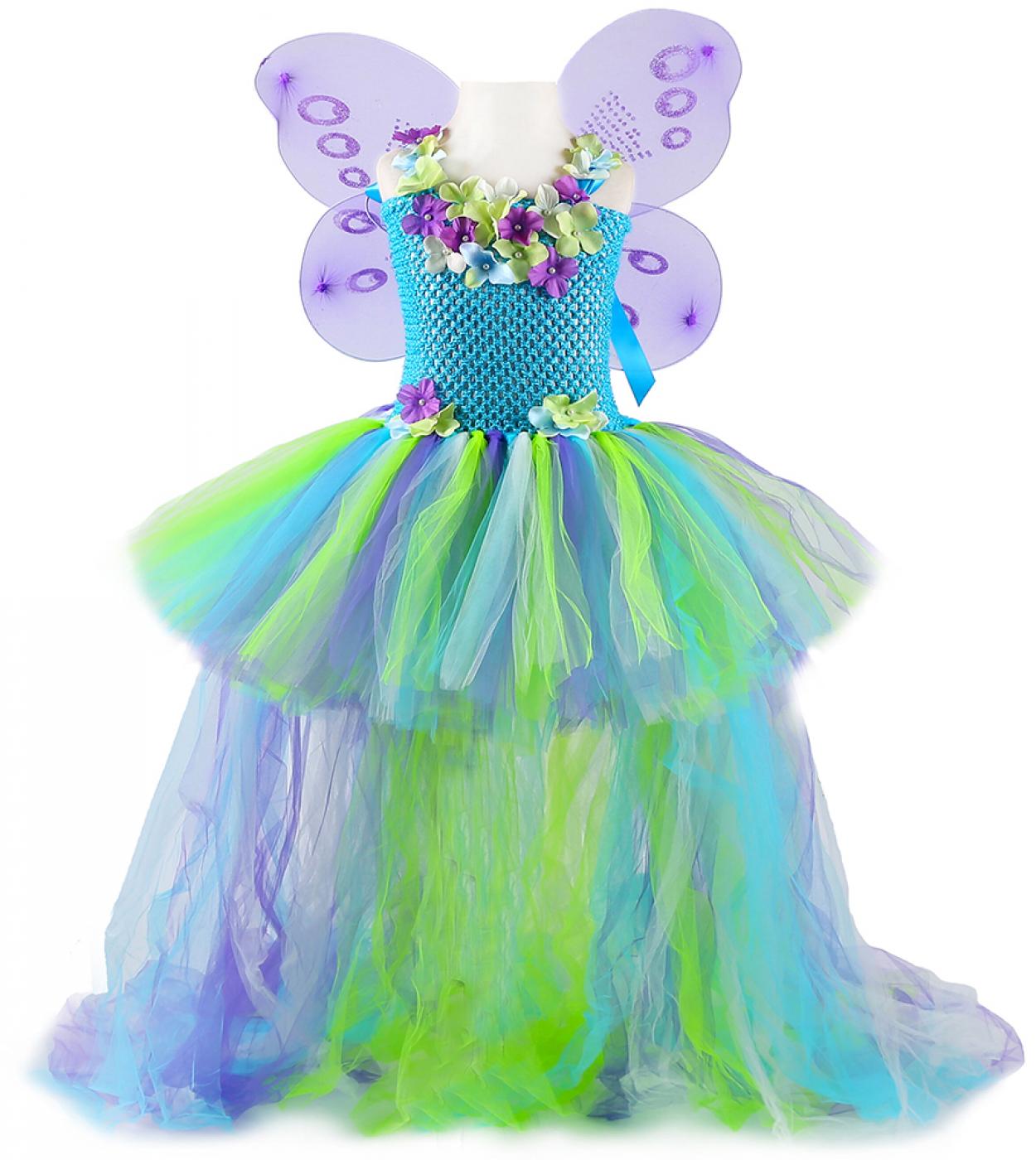Vestidos de hadas de niña de las flores para niños Traje de fiesta de bodas Vestido de tutú alto y bajo con alas Trail Princess 