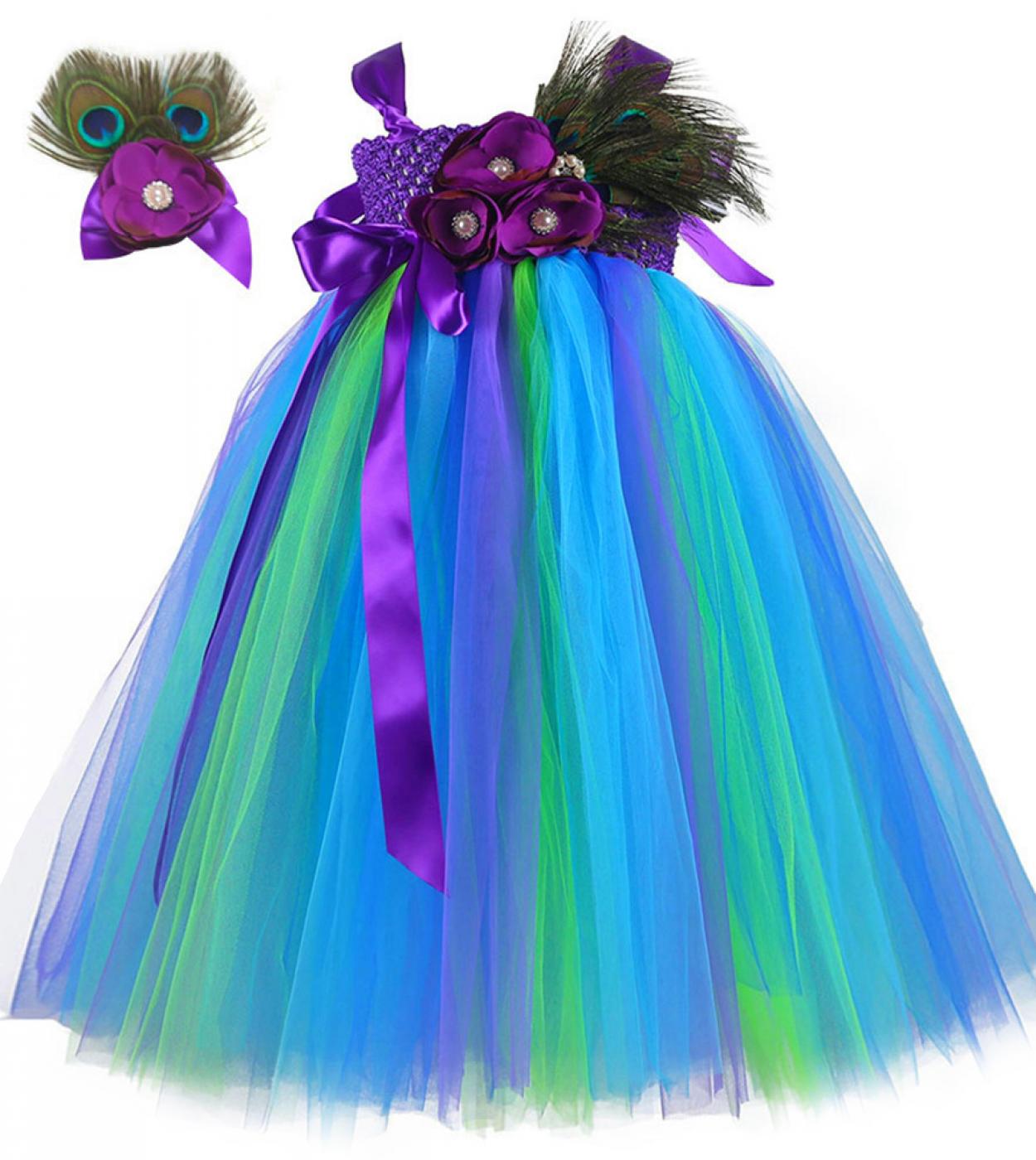 Peacock Flower Girl Dresses For Kids Birthday Party Long Tutu Dress Carnival Halloween Costumes Girls Princess Fluffy Ba