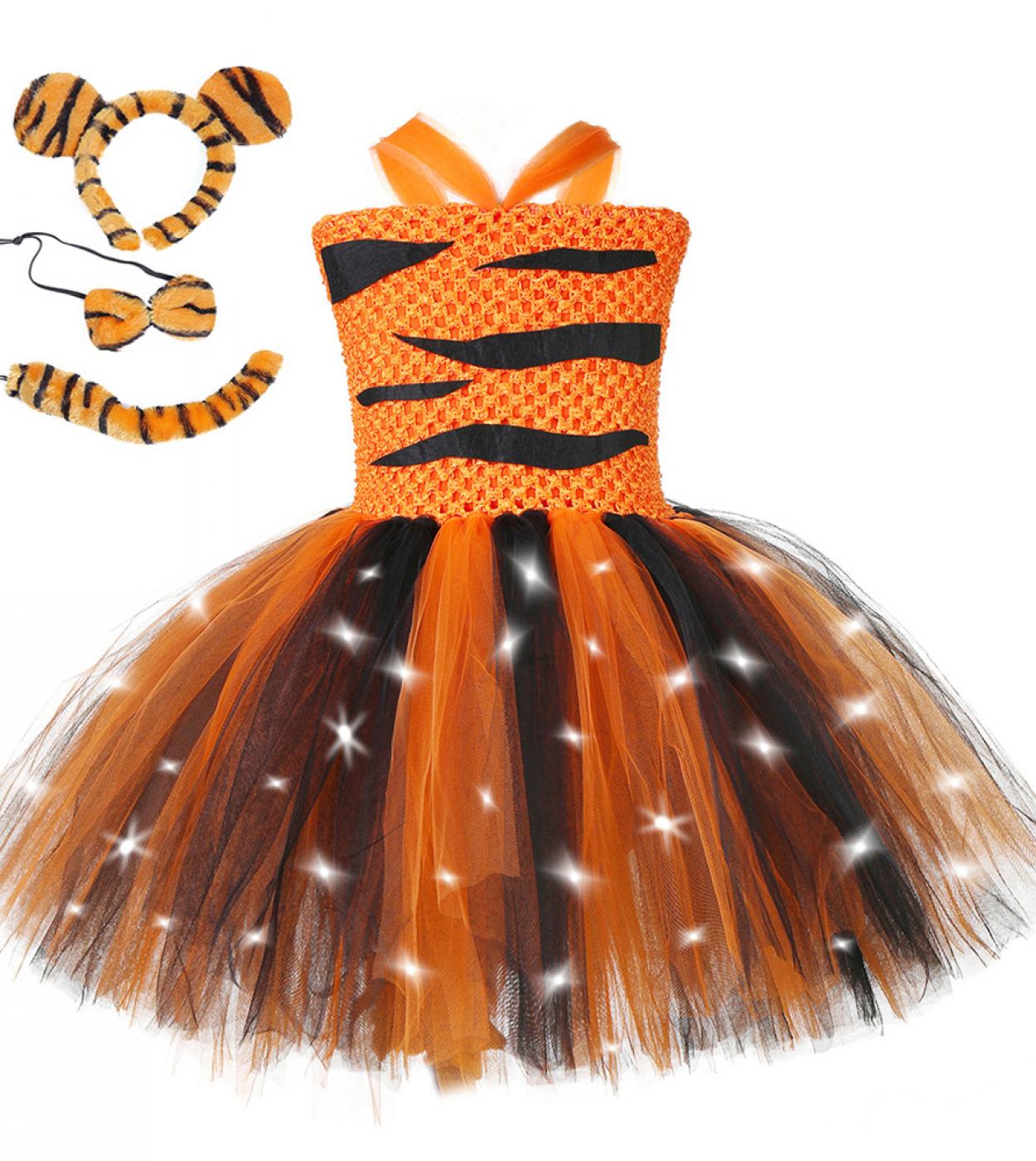 Led Light Tiger Costume For Girls Kids Animal Halloween Tutu Dress With Headband Tail Set Children Birthday Party Outfit