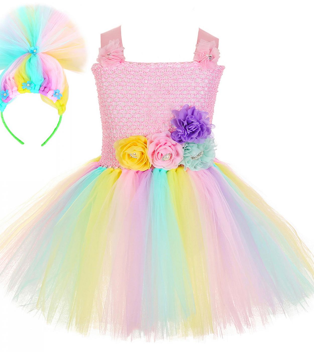 Pastel Trolls Costumes For Girls Magic Fairy Tutu Dress With Hair Bow Kids Halloween Fancy Dresses Children Cosplay Tull