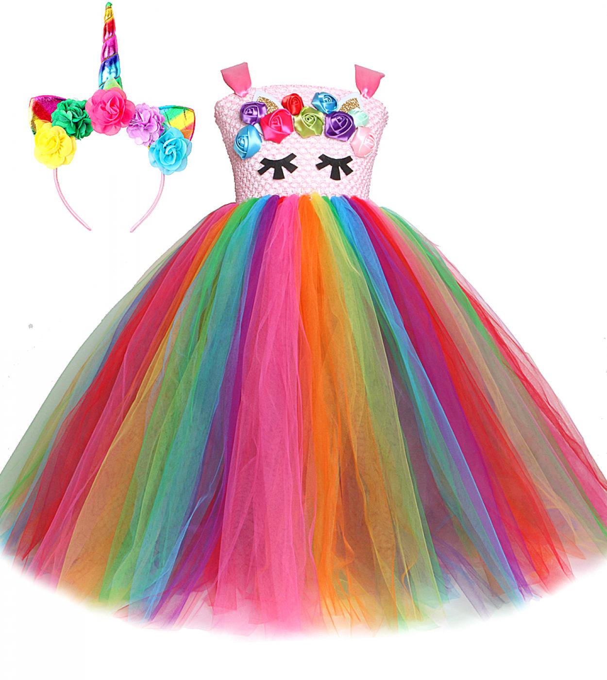 Rainbow Unicorn Dresses For Girls Princess Halloween Costumes Kids Birthday Gift Unicorn Costume Baby Girl Christmas Lon