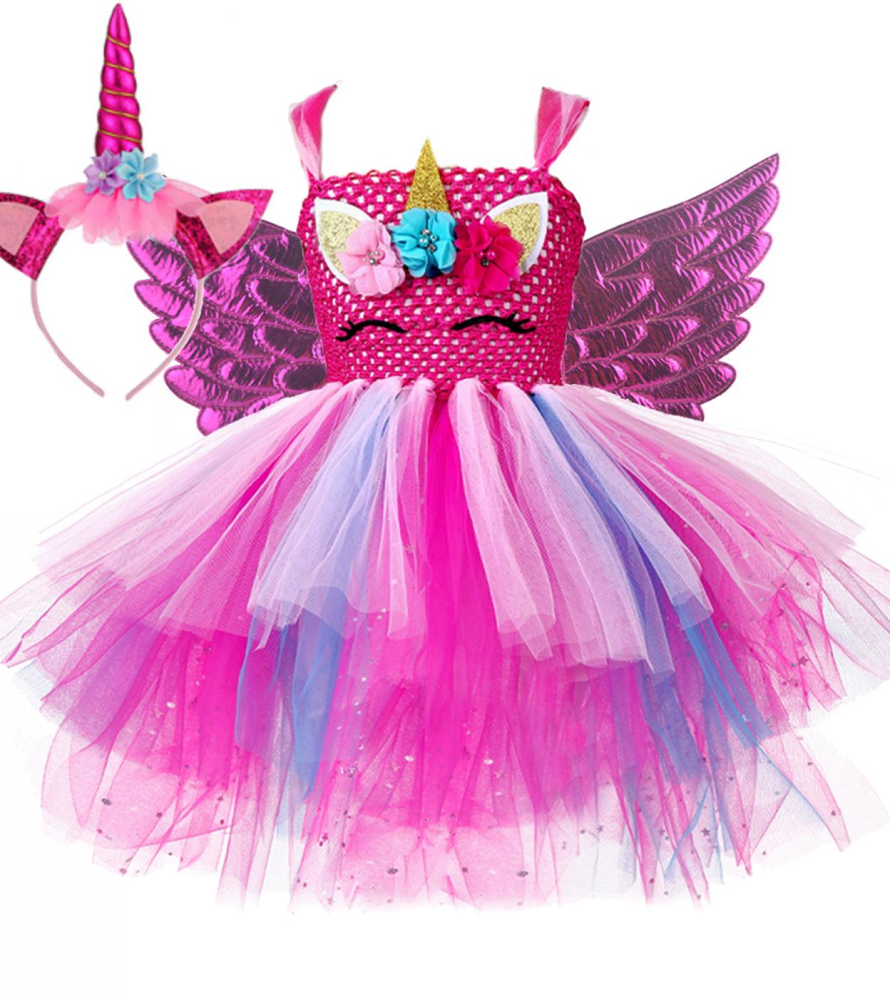 Sparkly 3 Layers Unicorn Dresses For Girls Christmas Halloween Costumes For Kids Birthday Party Tutu Outfit With Wings H