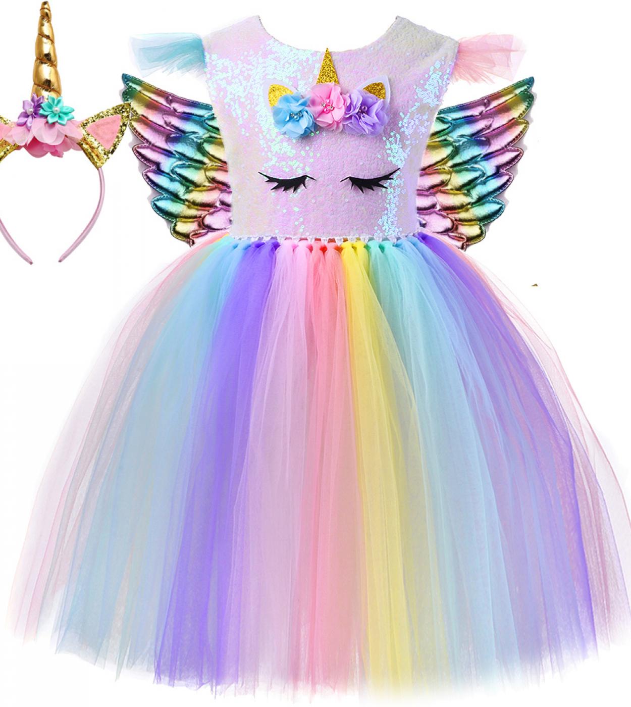 Unicorn Princess Dresses For Girls Kids Carnival Halloween Costumes With Wings Baby Girl Birthday Tutu Outfit Children C