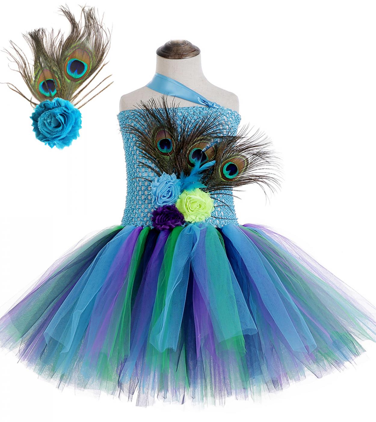 Flower Peacock Tutu Dress For Girls Pageant Halloween Costumes Kids Girl Princess Fancy Party Dresses With Feather Headb