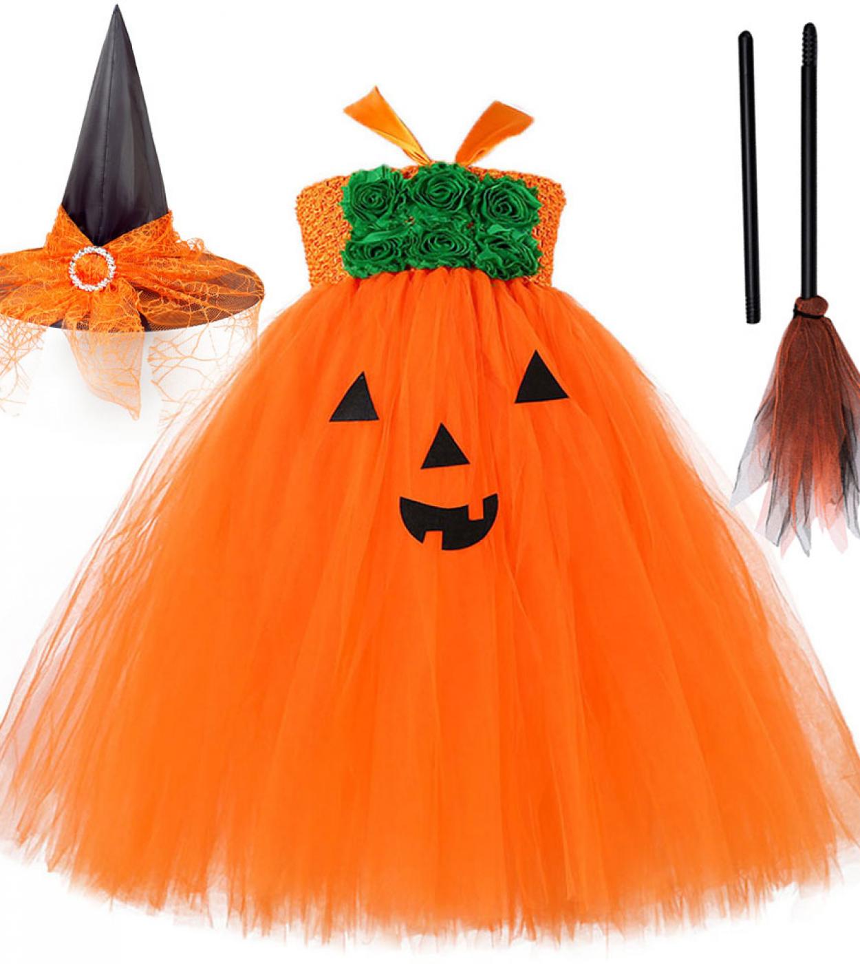 Pumpkin Halloween Dresses For Girls Witch Costume For Kids Carnival Party Long Tutu Dress Children Cosplay Outfit With H