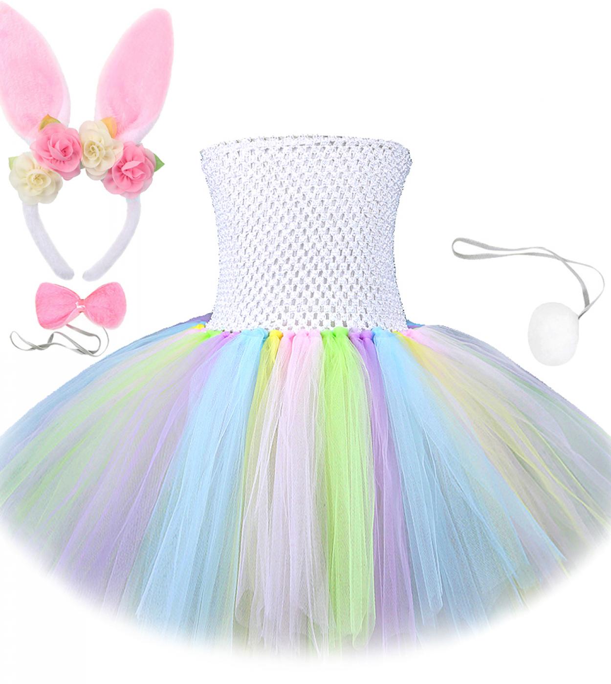 Baby Girls Easter Bunny Costume For Kids Animal Rabbit Tutu Dress With Flower Ears Set Toddler Girl Birthday Party Tulle