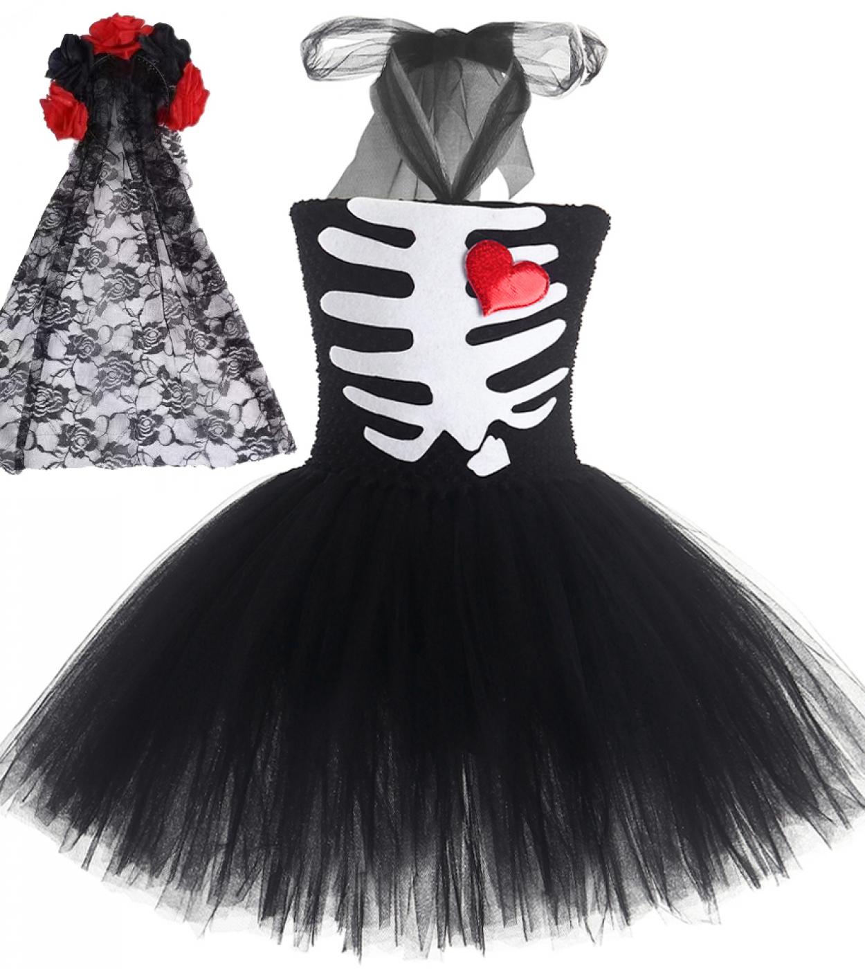 هالوين الهيكل العظمي العروس Cosutmes للفتيات الكسول توتو فستان للأطفال مخيف مخيف الزي الأطفال الرعب الكرة المسابقة