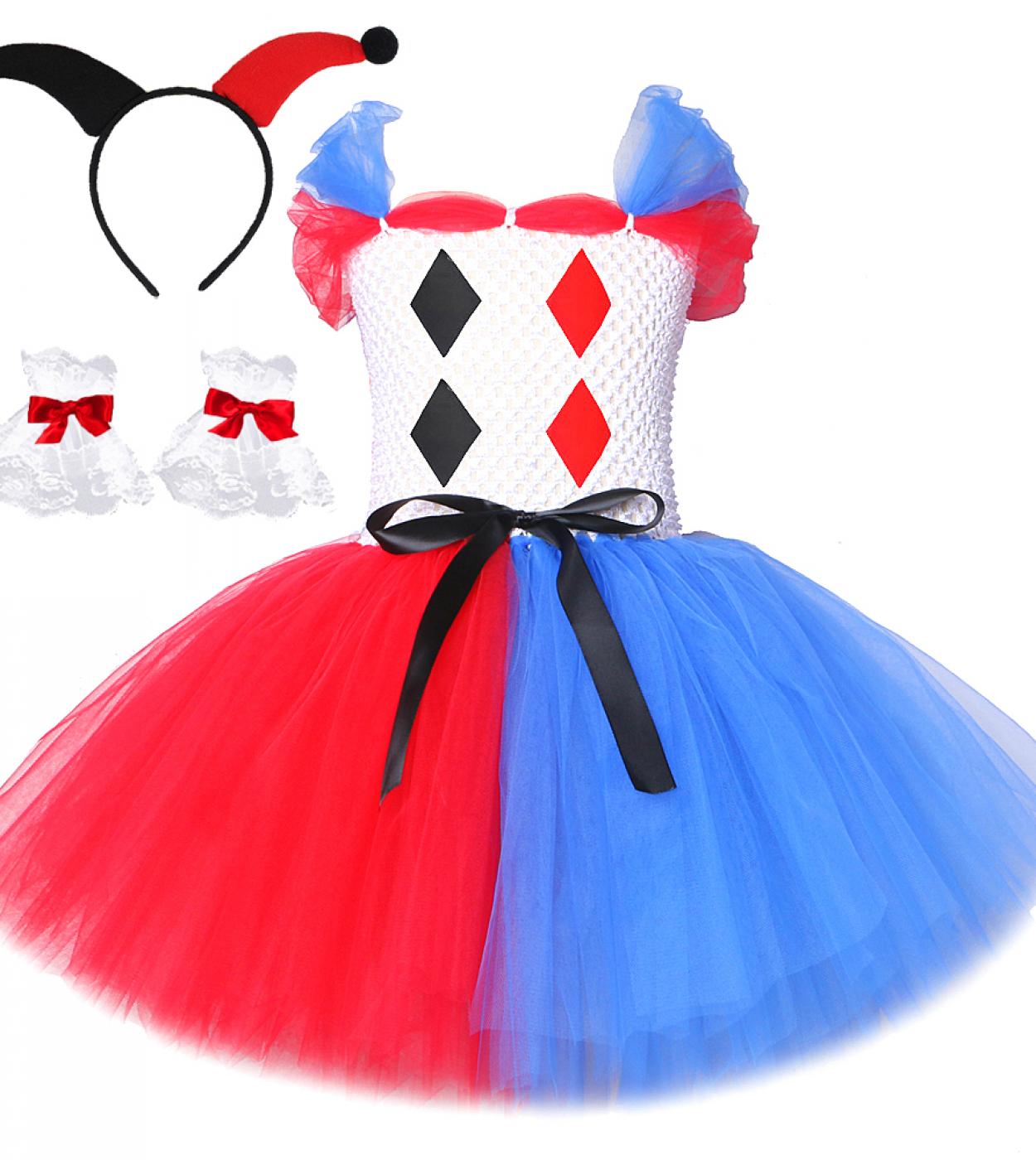 Royal Blue Red Clown Tutu Dress For Girls Carnival Halloween Costumes For Kids Joker Cosplay Outfit Princess Fancy Dress