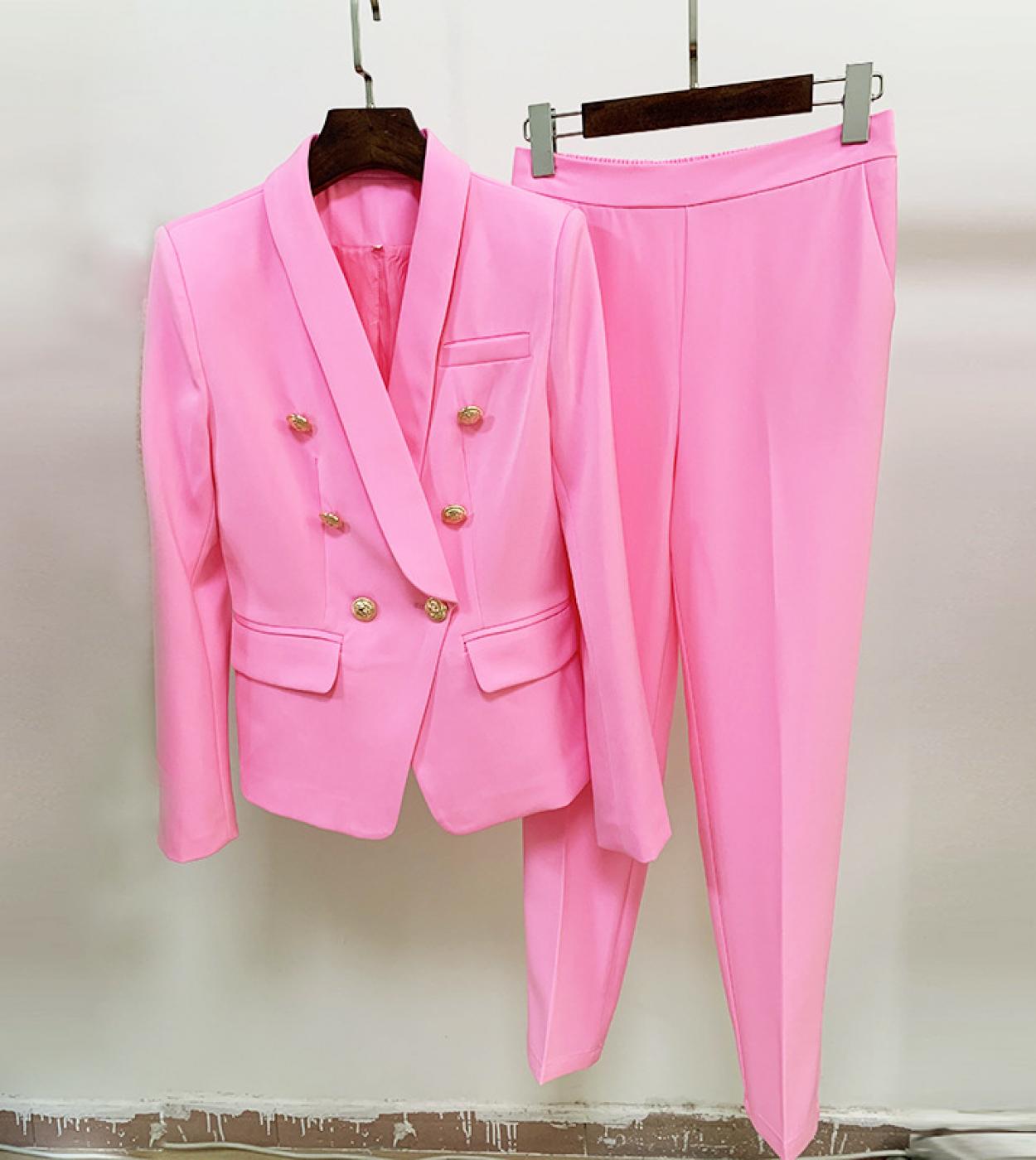 Black Pink Pantsuits Two Piece Set Women Office Ladies Double Breasted Gold Buttons Blazer Nine Pants Formal Suits High 