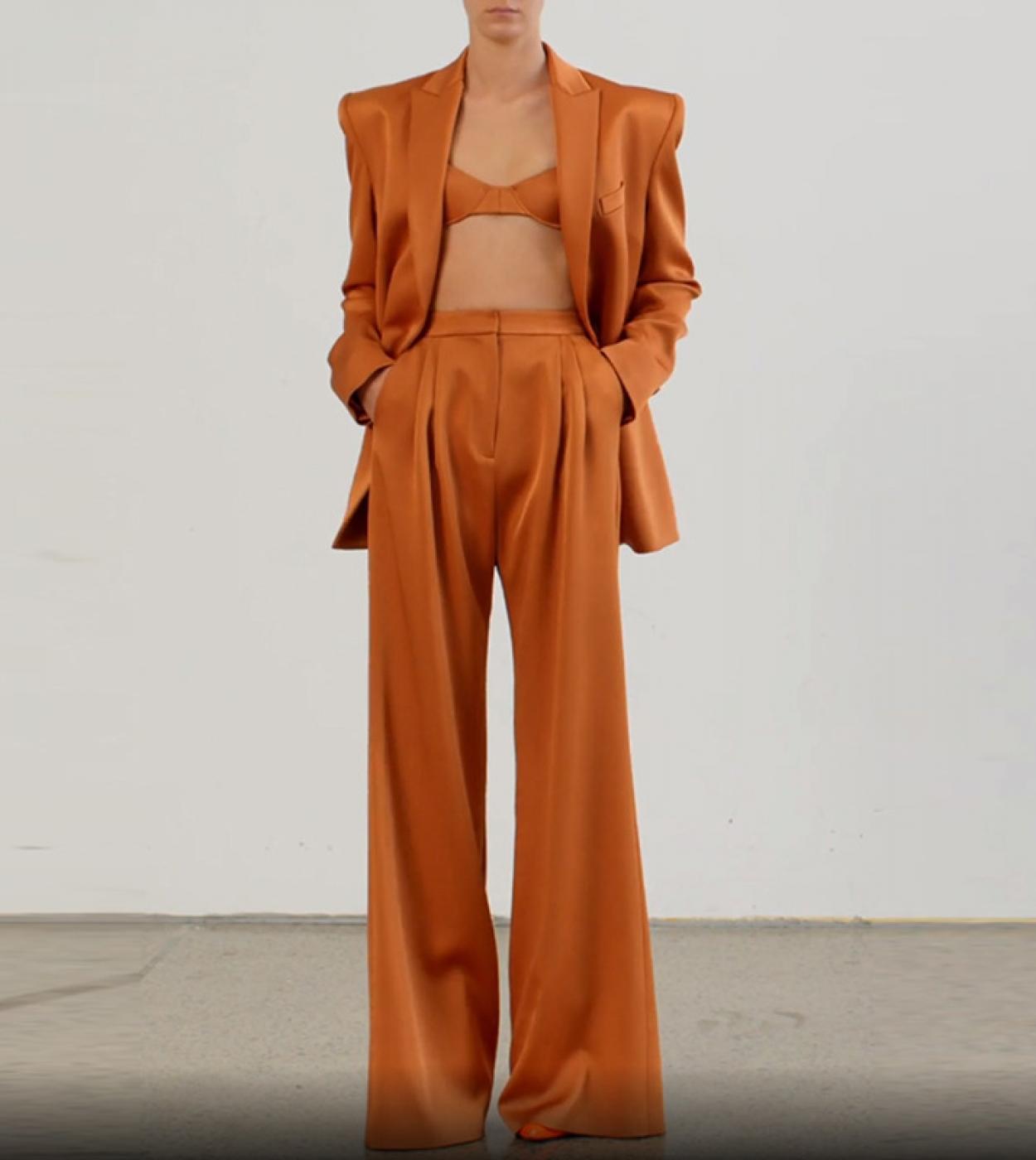 חליפות סאטן חומות סטים שני חלקים חליפות מכנסיים בלייזר נשים 2022 אופנה כפתור כפול חזה מכנסיים מכנסיים משרדיים