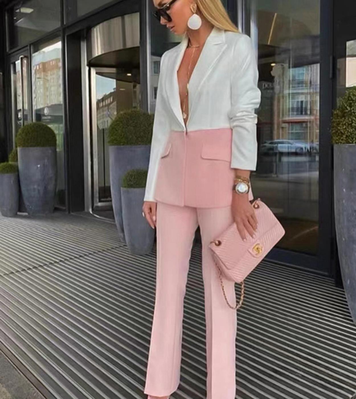 Blazer Pants Suit Women Two Piece Sets White Pink Sky Blue Splicing Color One Button Office Trousers Pants Set Formal Su