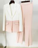 Blazer Pants Suit Women Two Piece Sets White Pink Sky Blue Splicing Color One Button Office Trousers Pants Set Formal Su