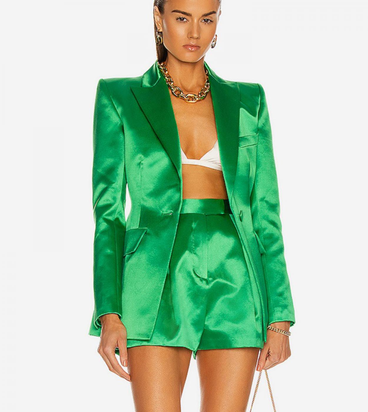 Shorts Blazer Suits Green 2022 Spring New Satin Single Breasted Loose Jacket Mini Shorts Two Piece Sets Women High Quali