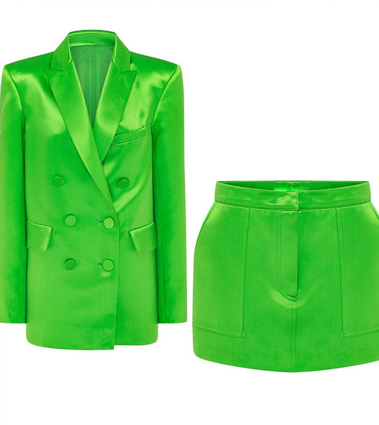 Skirt Blazer Suits Green Violet 2022 New Bright Satin Double Breasted Loose Jacket Mini Skirt Two Piece Sets Women High 