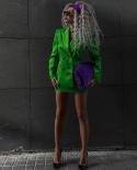 Falda Blazer trajes verde violeta 2022 nuevo satén brillante doble botonadura chaqueta suelta minifalda conjuntos de dos piezas 