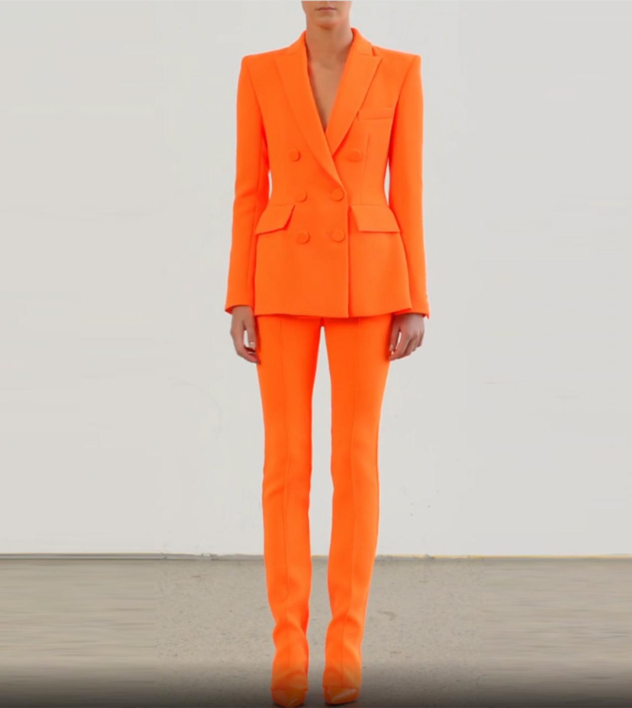Blazer Pantsuits Sets Fluorescent Orange 2022 Autumn New Fashion Double Breasted Button Office Trousers Wear Two Piece S