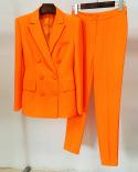 Blazer Pantsuits Sets Fluorescent Orange 2022 Autumn New Fashion Double Breasted Button Office Trousers Wear Two Piece S