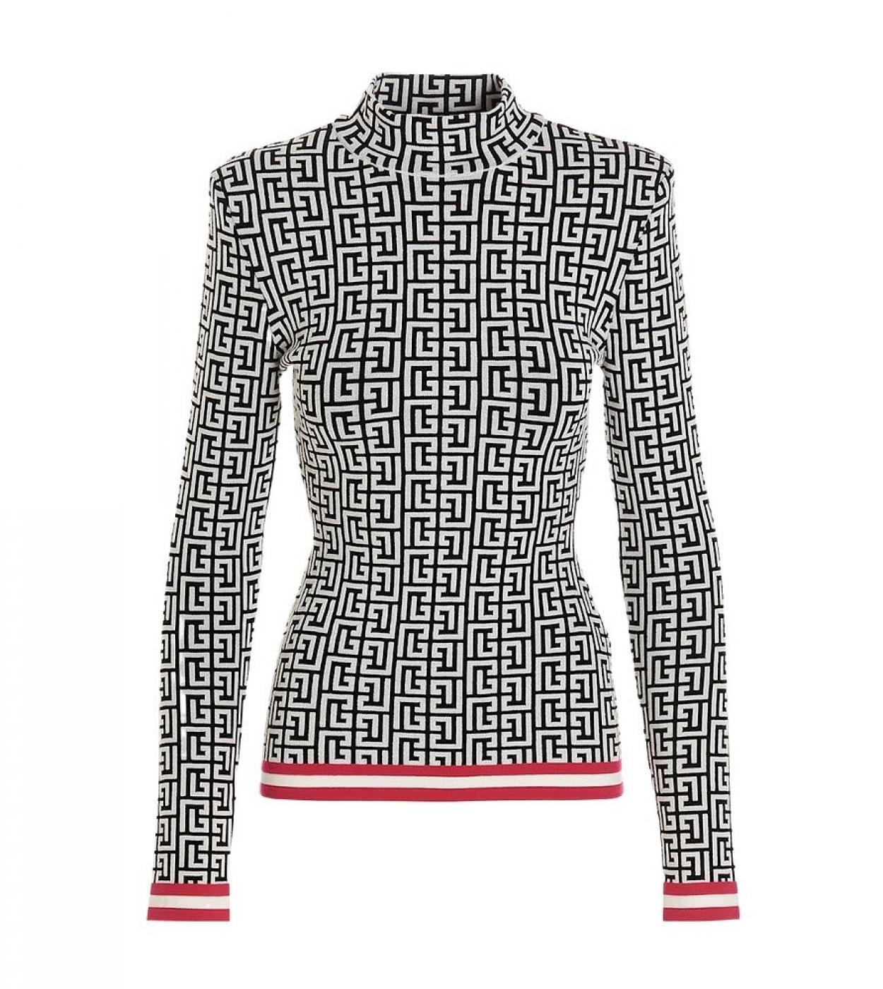 Nuevo diseño laberinto figura suéter Tops pantalones Jacquard punto negro blanco Plaid cuello alto suéter pulóveres mujeres invi