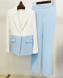 Blazer Pantalones Traje Conjuntos de dos piezas Mujeres Blanco Rosa Cielo Azul Empalme Color Un botón Pantalones Conjunto de pan