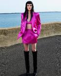Three Piece Suit Skirt Blazer Sets 2022 New Bright Satin Double Breasted Purple Loose Blazer Suspenders Mini Skirt 3 Pie