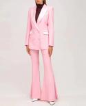 Blazer Pantsuits 2 Piece Set Pink Women Business Double Breasted Button Flared Pants Blazer Pants Formal Suit High Quali