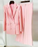 Blazer Pantsuits 2 Piece Set Pink Women Business Double Breasted Button Flared Pants Blazer Pants Formal Suit High Quali