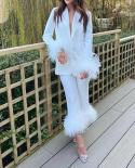 White Blazer Pants Suits Feathers Long Sleeve Two Piece Set 2022 Autumn Satin Collar Stitching Suit Jacket Straight Pant