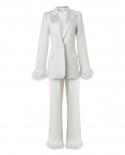 White Blazer Pants Suits Feathers Long Sleeve Two Piece Set 2022 Autumn Satin Collar Stitching Suit Jacket Straight Pant