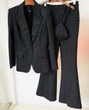 3 Piece Sets Blazer Pants Suits Women Black Bling Fashion Ins Single Button Long Blazer Flared Pants Formal Sets High Qu