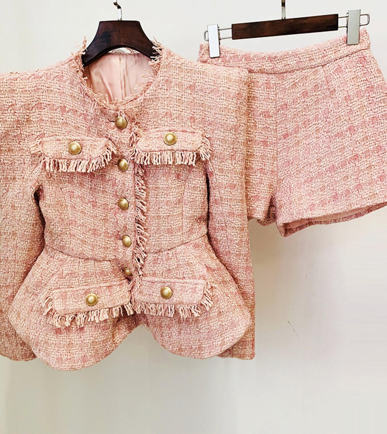 Shorts Sets Two Pieces Suit Autumn Winter 2022 New Pink Bright Silk Tweed Jacket  Shorts Suit Ins Popular Two Piece Set