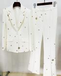 Runway Pantsuits For Women Newest Designer Fashion White Suit Set Wedding Single Button Rivet Eyelet Lapel Blazer Pants 