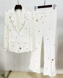 Runway Pantsuits For Women Newest Designer Fashion White Suit Set Wedding Single Button Rivet Eyelet Lapel Blazer Pants 