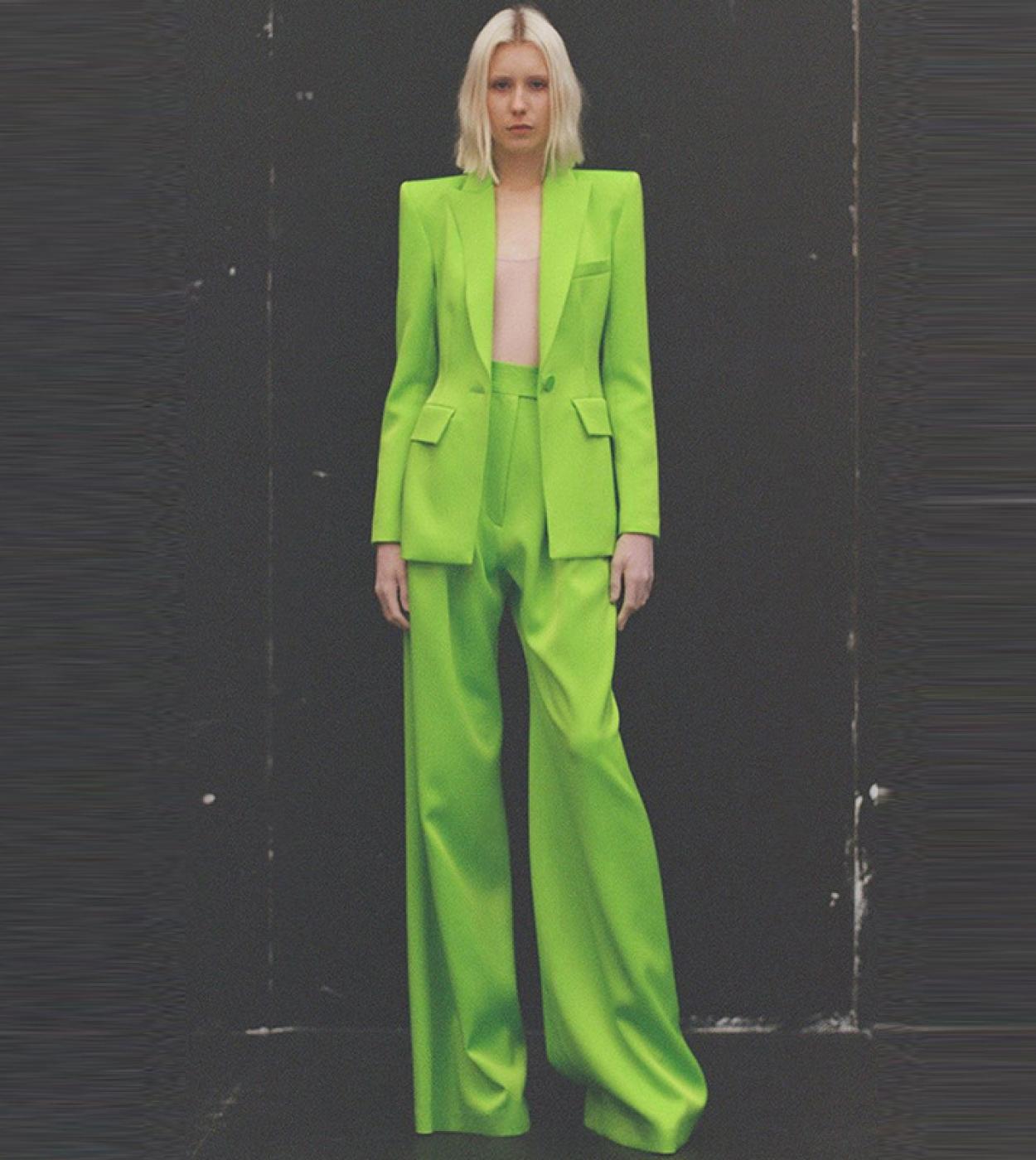 Pantsuit Suits Blazer Women Green New Design Single Button Wide Leg Pants Two Piece Sets Office Business Female Suit Out