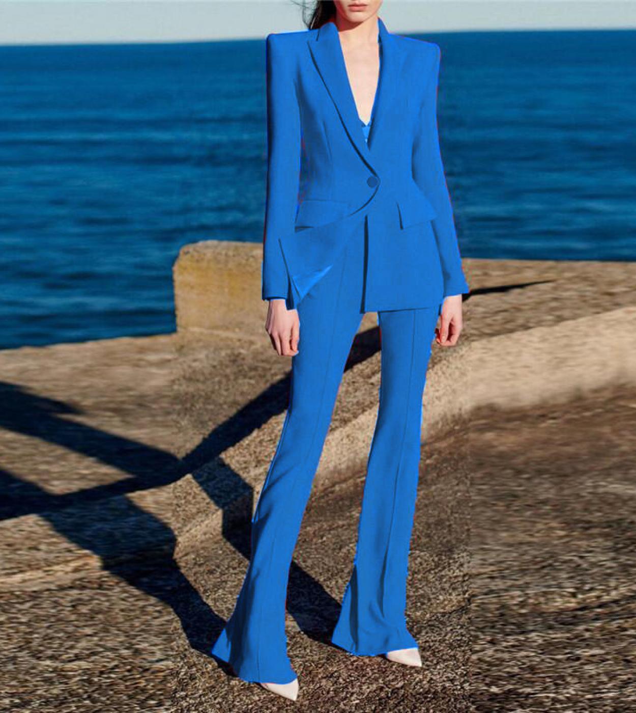 Blazer Pantsuits Blue Fashion Two Piece Set For Women Business Single Buttons Flared Pants Blazer Office Trousers Formal