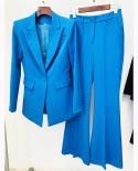 Blazer Pantsuits Conjunto de dos piezas de moda azul para mujeres de negocios Botones individuales Pantalones acampanados Blazer