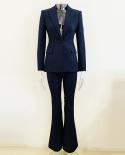 חליפת מכנסיים בלייזר נשים גקט כחול כהה מכנסיים עם כפתור בודד סטים שני חלקים משרד עסקים חליפת נשים תלבושת