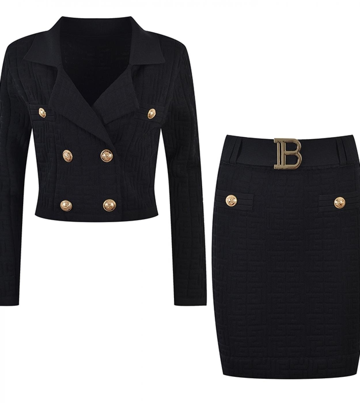 Conjuntos de falda de punto negro blanco Otoño Invierno nueva falda traje cuello Top cinturón lápiz ajustado Bodycon conjuntos d
