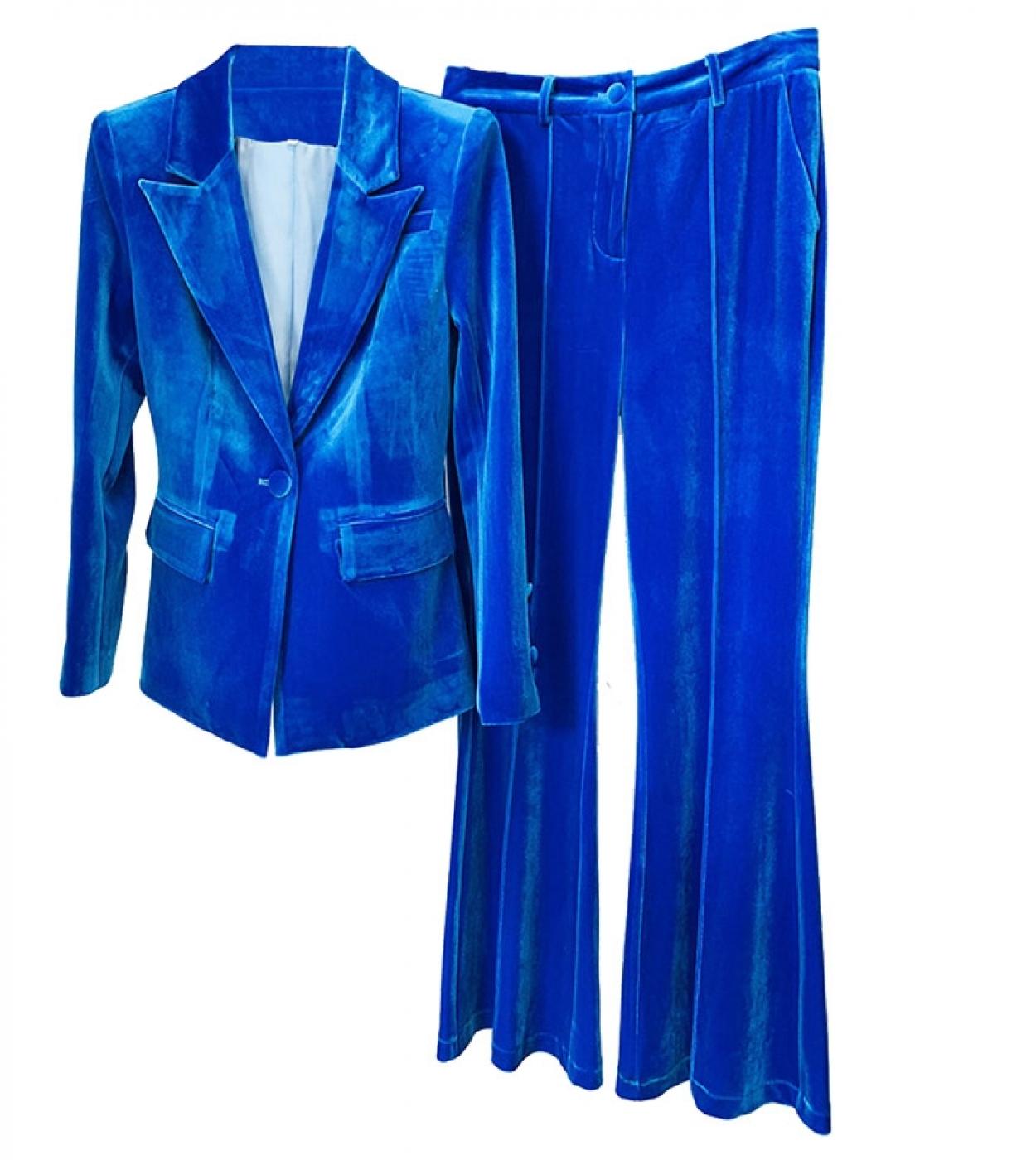 Velvet Blazer Pantsuits Blue Black Women 2022 Autumn Winter New One Button Jacket Flare Pants Two Piece Sets Office Fema