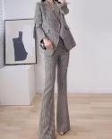 Two Piece Pants Set Women 2022 New Business Wear Fashion Plaid One Button Blazer  Flared Trousers Two Piece Suit High Q