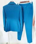 סטים מכנסיים מכנסיים משרדיים חליפת מכנסיים כחול ורוד נשים מקדחה חמה יהלומים צווארון כפתור יחיד מכנסיים עיפרון שני חלקים