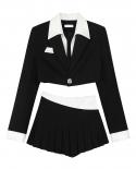 Women Suit Outfits Two Piece Sets Skirt Sets Black Suit 2022 New Color Splicing Suit Short Jacket Coat Mini Pleated Skir