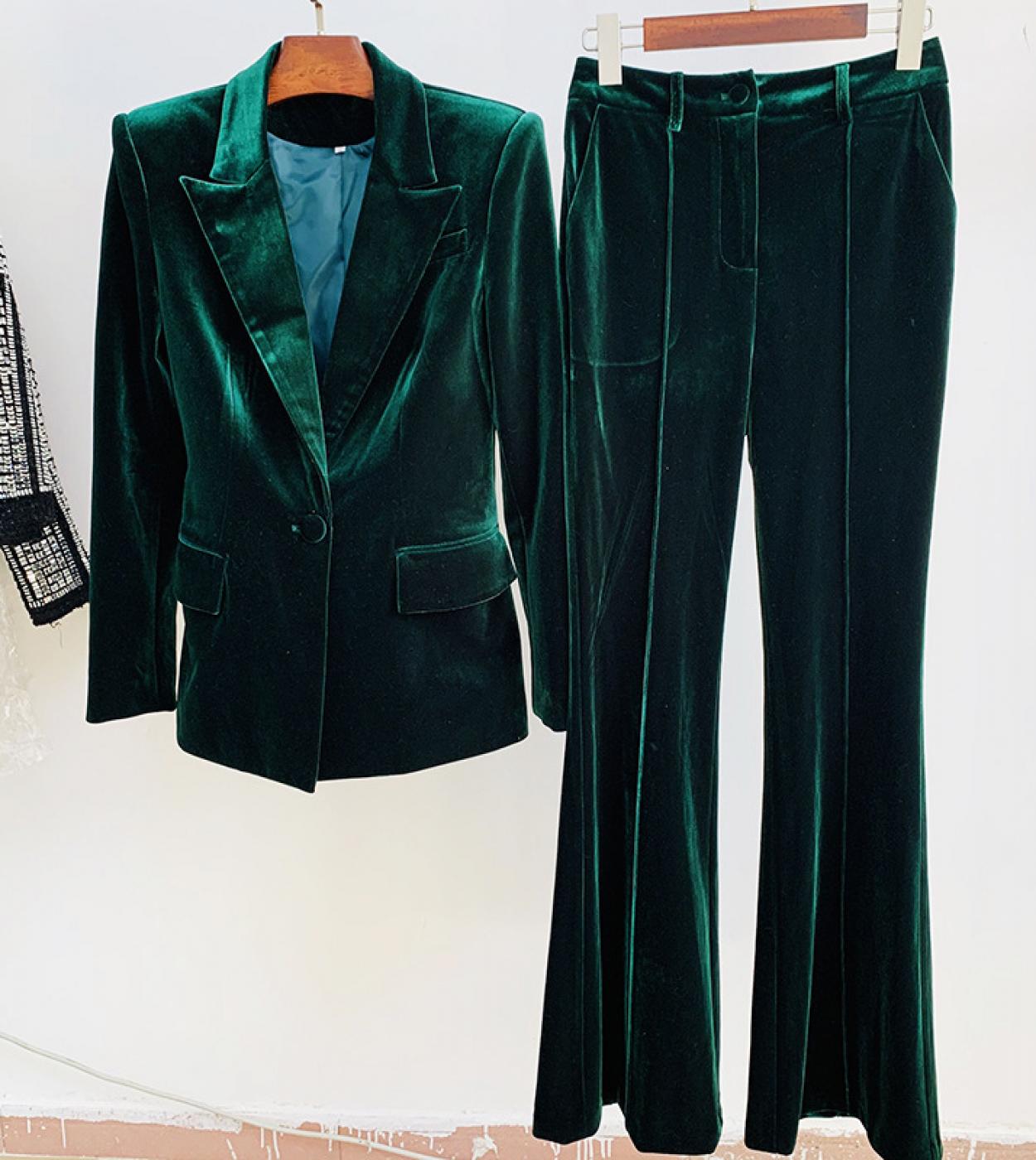 Pants Blazer Suit Women Set Velvet Brown Green 2022 Spring New One Button Jacket  Flare Pants Two Piece Office Female S