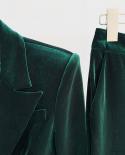 Pantalones Blazer traje mujer conjunto terciopelo marrón verde 2022 primavera nueva chaqueta de un botón  pantalones acampanado