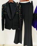 חליפות מכנסיים שחורות נשים צבע חרוזים נצנצים אופנה סטים אלגנטיים שני חלקים סט מכנסיים מתלקחים מכנסיים סט משחק מילים לחתונה